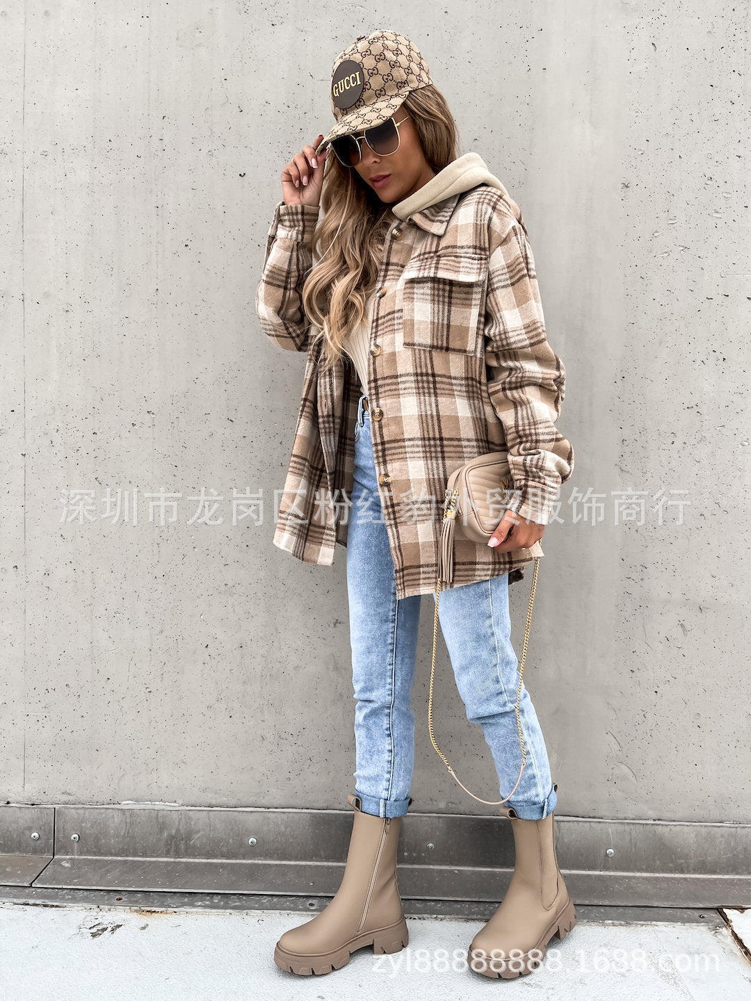Abrigo de lana a cuadros (desmontable) con capucha a la moda para mujer de invierno 2023