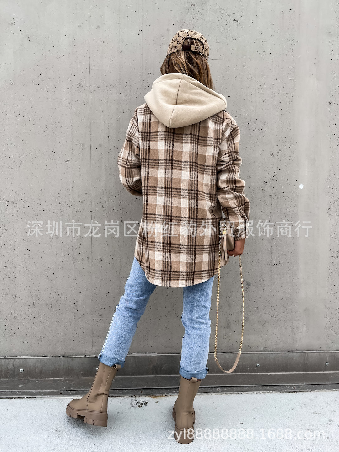 Abrigo de lana a cuadros (desmontable) con capucha a la moda para mujer de invierno 2023
