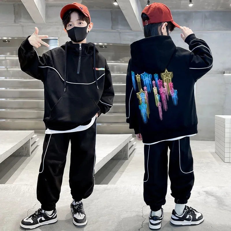 Autumn Teenage Boy's Clothes Set Casual Hooded Outfit Star Pullover Sweatshirt Top and Pant Suit Kid 2 Pieces Tracksuits